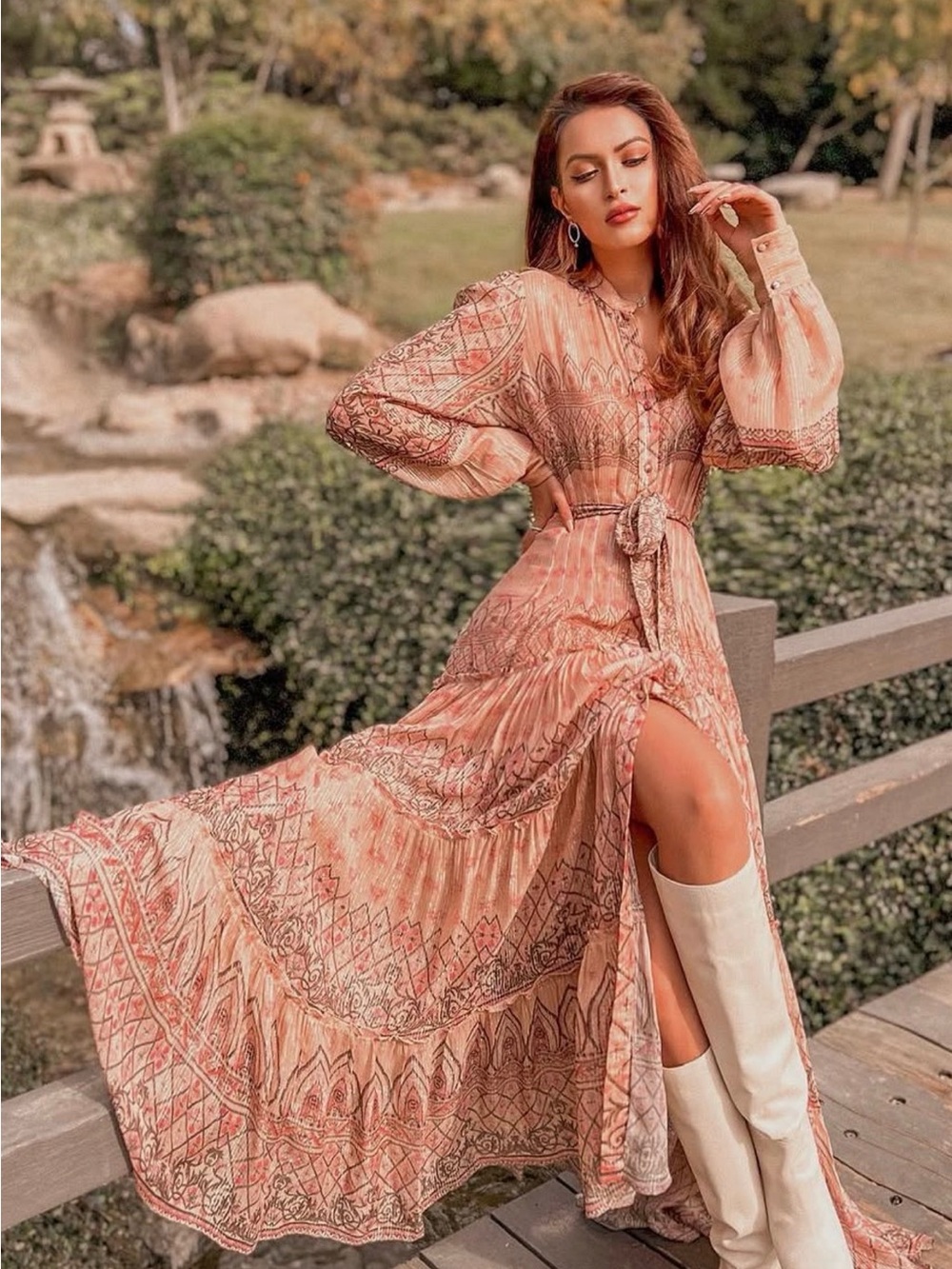 HEMANT & NANDITA Peach Printed Maxi Dress with Tie Waist